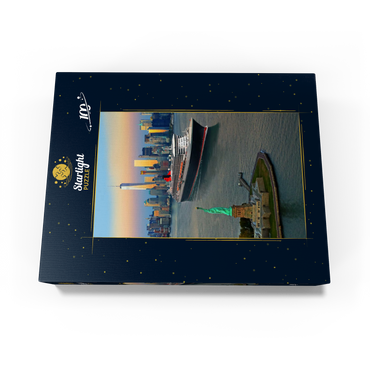 Harbor entrance with the Statue of Liberty the transatlantic liner Queen Mary 2 and One World Trade Center, Manhattan, New York City, New York, USA, Composing 100 Jigsaw Puzzle box view1