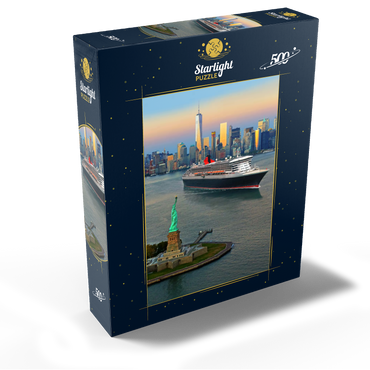 Harbor entrance with the Statue of Liberty the transatlantic liner Queen Mary 2 and One World Trade Center, Manhattan, New York City, New York, USA, Composing 500 Jigsaw Puzzle box view1
