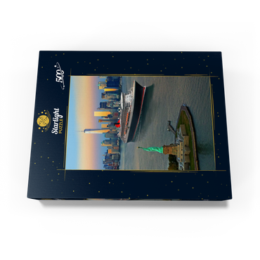 Harbor entrance with the Statue of Liberty the transatlantic liner Queen Mary 2 and One World Trade Center, Manhattan, New York City, New York, USA, Composing 500 Jigsaw Puzzle box view1