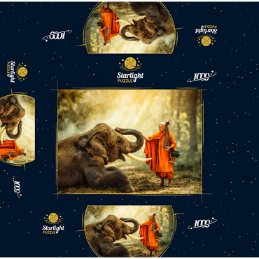 Monk hiking with the fancy elephant in the forest. 1000 Jigsaw Puzzle box 3D Modell