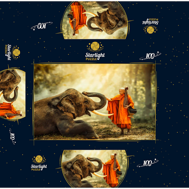 Monk hiking with the fancy elephant in the forest. 100 Jigsaw Puzzle box 3D Modell