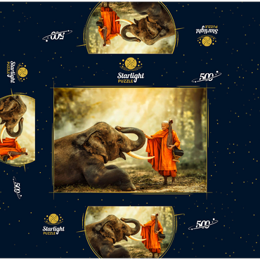 Monk hiking with the fancy elephant in the forest. 500 Jigsaw Puzzle box 3D Modell