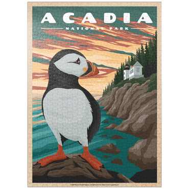 puzzleplate Acadia National Park - Bass Harbor Puffins, Vintage Travel Poster 1000 Jigsaw Puzzle