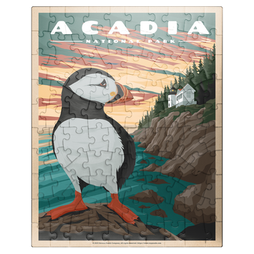 puzzleplate Acadia National Park - Bass Harbor Puffins, Vintage Travel Poster 100 Jigsaw Puzzle