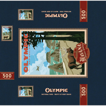 Olympic National Park - Wapiti at Ruby Beach, Vintage Travel Poster 500 Jigsaw Puzzle box 3D Modell