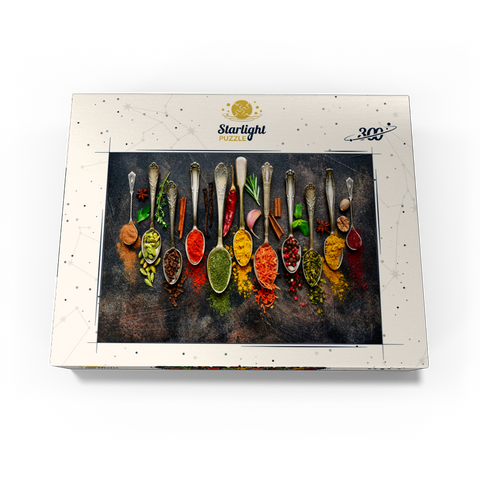 Assortment of natural spices on vintage spoons on dark slate 300 Jigsaw Puzzle box view3