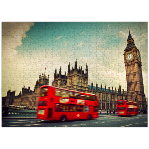 puzzleplate Red double decker bus in front of the Big Ben and Westminster Abbey London England 300 Jigsaw Puzzle