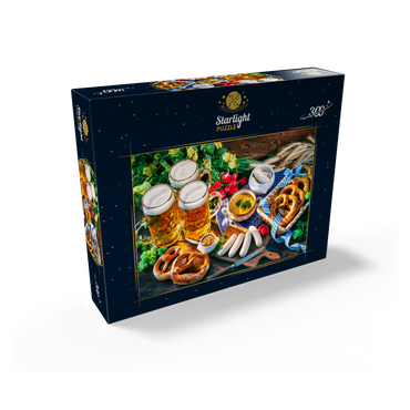 Oktoberfest menu Bavarian sausages with pretzels sweet mustard and beer mugs 300 Jigsaw Puzzle box view2
