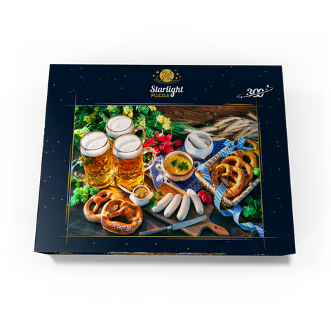 Oktoberfest menu Bavarian sausages with pretzels sweet mustard and beer mugs 300 Jigsaw Puzzle box view3