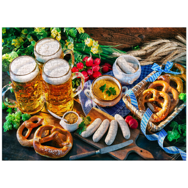 puzzleplate Oktoberfest menu Bavarian sausages with pretzels sweet mustard and beer mugs 300 Jigsaw Puzzle