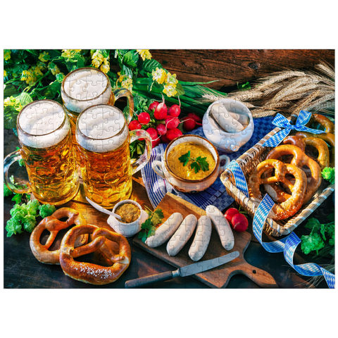 puzzleplate Oktoberfest menu Bavarian sausages with pretzels sweet mustard and beer mugs 300 Jigsaw Puzzle