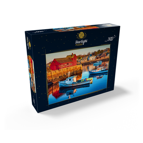 Rockport Harbor in Massachusetts with its lobster boats and village reflect in the still waters of the day. The colors give the town a nostalgic feel 300 Jigsaw Puzzle box view2
