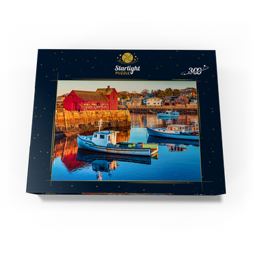 Rockport Harbor in Massachusetts with its lobster boats and village reflect in the still waters of the day. The colors give the town a nostalgic feel 300 Jigsaw Puzzle box view3