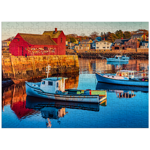 puzzleplate Rockport Harbor in Massachusetts with its lobster boats and village reflect in the still waters of the day. The colors give the town a nostalgic feel 300 Jigsaw Puzzle