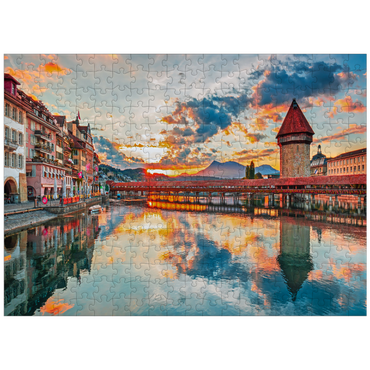 puzzleplate Sunset in the historical city center of Lucerne with the famous Chapel Bridge and Lake Lucerne, Canton Lucerne, Switzerland 300 Jigsaw Puzzle