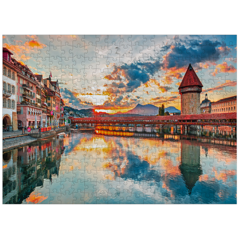 puzzleplate Sunset in the historical city center of Lucerne with the famous Chapel Bridge and Lake Lucerne, Canton Lucerne, Switzerland 300 Jigsaw Puzzle