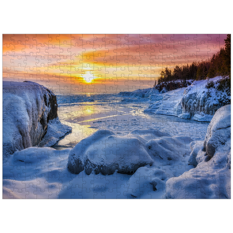 puzzleplate Frozen Lake Superior sunrise at Presque Isle Park, winter in Marquette, Michigan 300 Jigsaw Puzzle