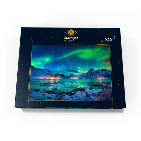 Aurora borealis over sea coast, lights at night. Northern lights on Lofoten Islands, Norway 300 Jigsaw Puzzle box view3