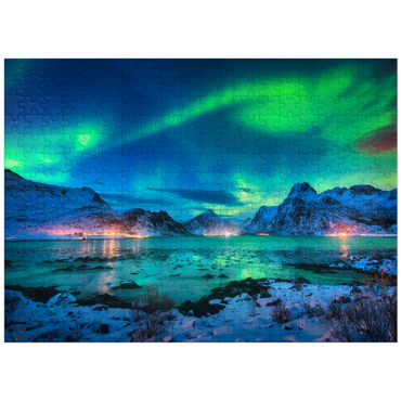 puzzleplate Aurora borealis over sea coast, lights at night. Northern lights on Lofoten Islands, Norway 300 Jigsaw Puzzle