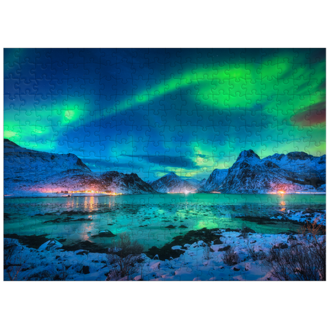 puzzleplate Aurora borealis over sea coast, lights at night. Northern lights on Lofoten Islands, Norway 300 Jigsaw Puzzle