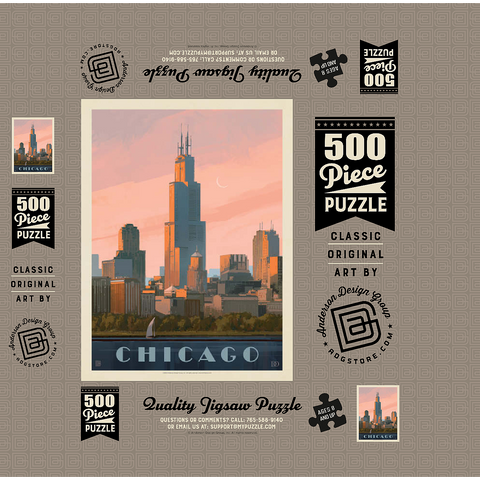 Chicago skyline: Lake Michigan, Vintage Poster 500 Jigsaw Puzzle box 3D Modell