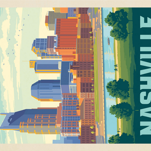Nashville Skyline: Summer On The Riverfront, Vintage Poster 1000 Jigsaw Puzzle 3D Modell