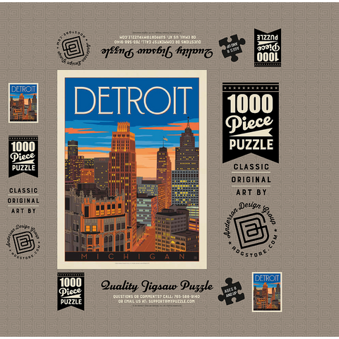 Detroit, MI: skyline, vintage poster 1000 Jigsaw Puzzle box 3D Modell