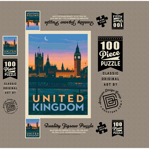 United Kingdom: Westminster Palace, Vintage Poster 100 Jigsaw Puzzle box 3D Modell