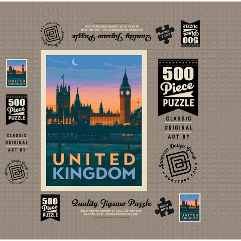 United Kingdom: Westminster Palace, Vintage Poster 500 Jigsaw Puzzle box 3D Modell
