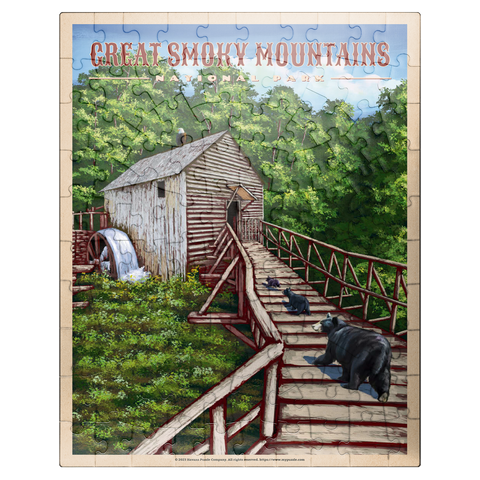 puzzleplate Great Smoky Mountains National Park - Enchanted Mill Among Smoky Highlands, Vintage Travel Poster 100 Jigsaw Puzzle