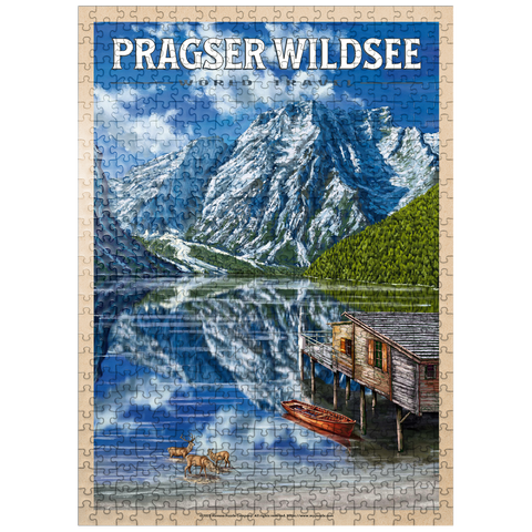 puzzleplate Pragser Wildsee - Mountain Reflections, Vintage Travel Poster 500 Jigsaw Puzzle