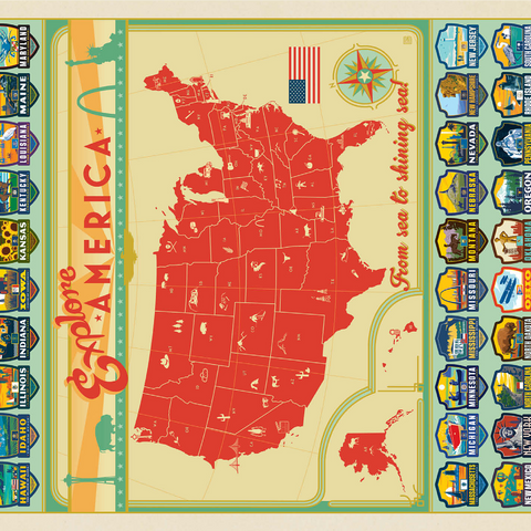 Explore America Map: 50 State Emblems, State Pride Vintage Poster 1000 Jigsaw Puzzle 3D Modell