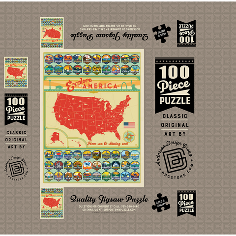 Explore America Map: 50 State Emblems, State Pride Vintage Poster 100 Jigsaw Puzzle box 3D Modell