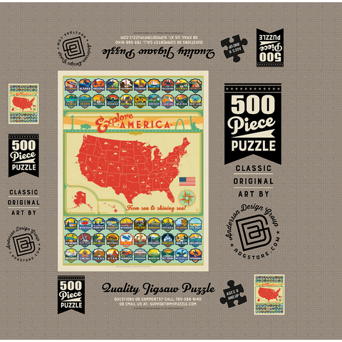 Explore America Map: 50 State Emblems, State Pride Vintage Poster 500 Jigsaw Puzzle box 3D Modell