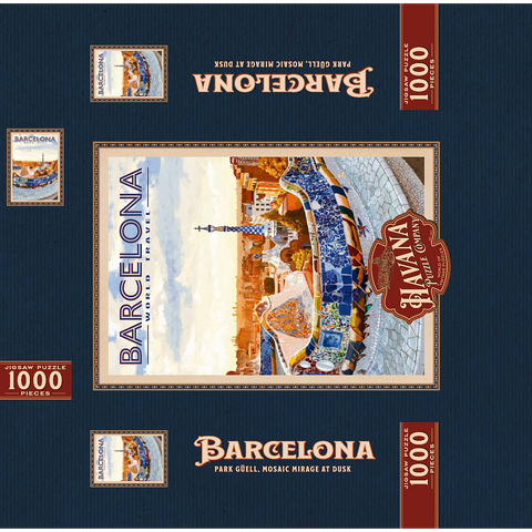 Barcelona, Spain - Park Güell, Mosaic Mirage at Dusk, Vintage Travel Poster 1000 Jigsaw Puzzle box 3D Modell