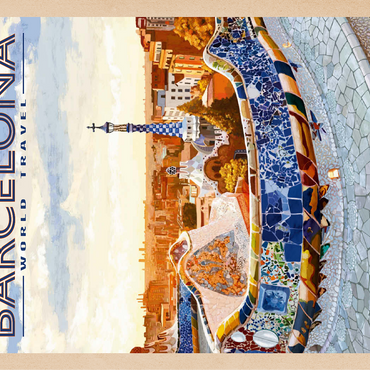 Barcelona, Spain - Park Güell, Mosaic Mirage at Dusk, Vintage Travel Poster 100 Jigsaw Puzzle 3D Modell