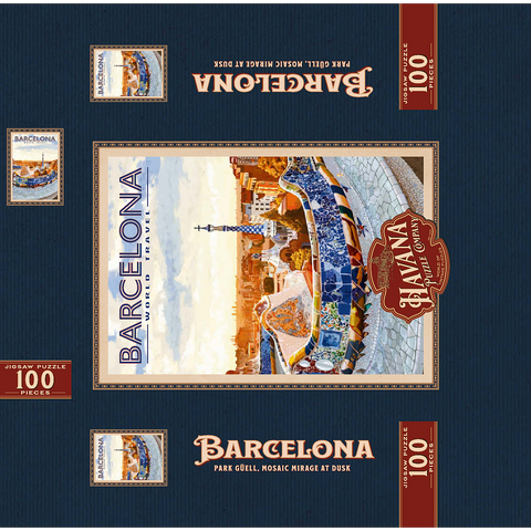 Barcelona, Spain - Park Güell, Mosaic Mirage at Dusk, Vintage Travel Poster 100 Jigsaw Puzzle box 3D Modell
