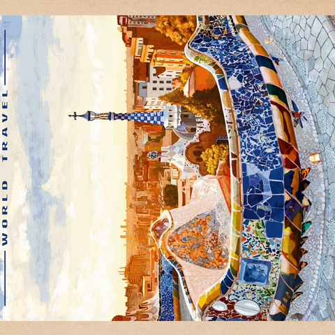 Barcelona, Spain - Park Güell, Mosaic Mirage at Dusk, Vintage Travel Poster 500 Jigsaw Puzzle 3D Modell