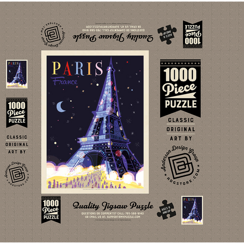 France: Paris, Eiffel Tower At Night (Mod Design), Vintage Poster 1000 Jigsaw Puzzle box 3D Modell