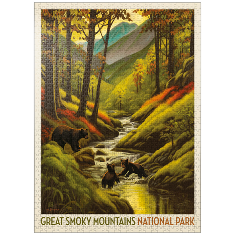 puzzleplate Great Smoky Mountains National Park: Splashing Cubs, Vintage Poster 1000 Jigsaw Puzzle