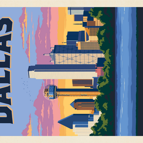 Dallas, Texas: Downtown River View, Vintage Poster 1000 Jigsaw Puzzle 3D Modell