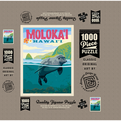 Hawaii: Moloka'i (Monk Seal), Vintage Poster 1000 Jigsaw Puzzle box 3D Modell