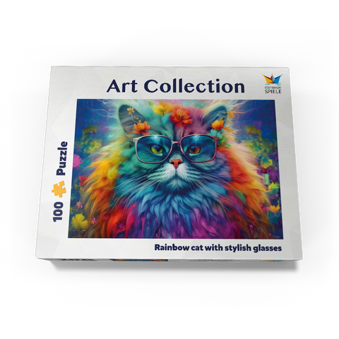 Rainbow cat with stylish glasses 100 Jigsaw Puzzle box view3