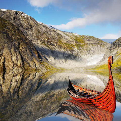 Viking boat in a fjord in Norway 100 Jigsaw Puzzle 3D Modell