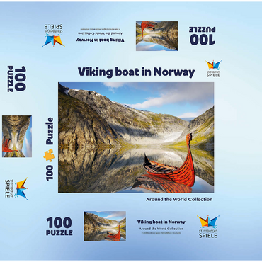 Viking boat in a fjord in Norway 100 Jigsaw Puzzle box 3D Modell