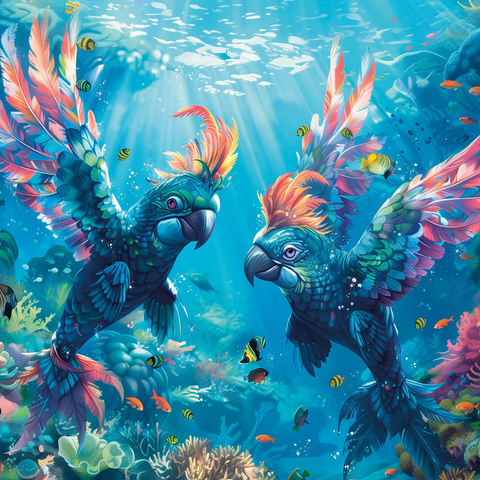 Dolphin parrots on the coral reef - fantasy animals in the underwater world 1000 Jigsaw Puzzle 3D Modell