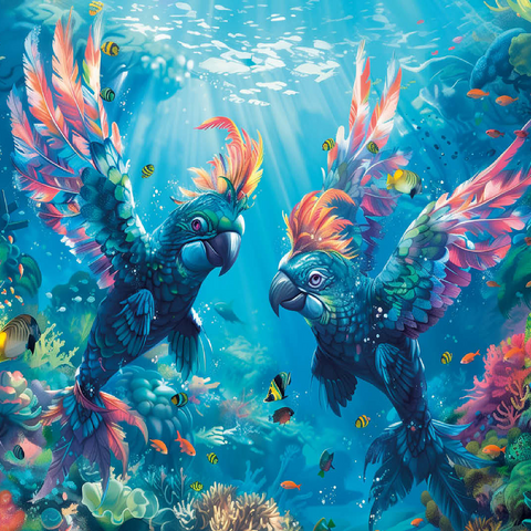 Dolphin parrots on the coral reef - fantasy animals in the underwater world 100 Jigsaw Puzzle 3D Modell