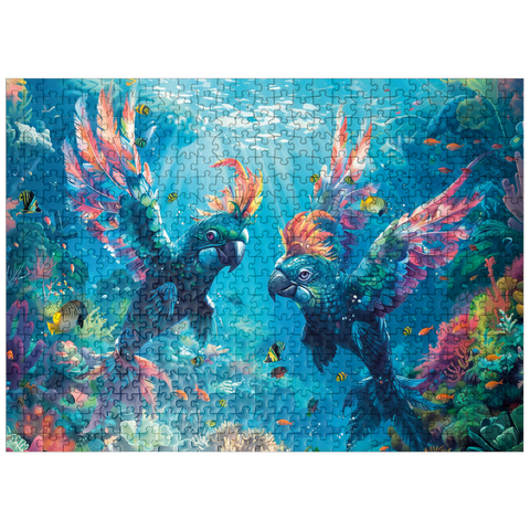 puzzleplate Dolphin parrots on the coral reef - fantasy animals in the underwater world 500 Jigsaw Puzzle