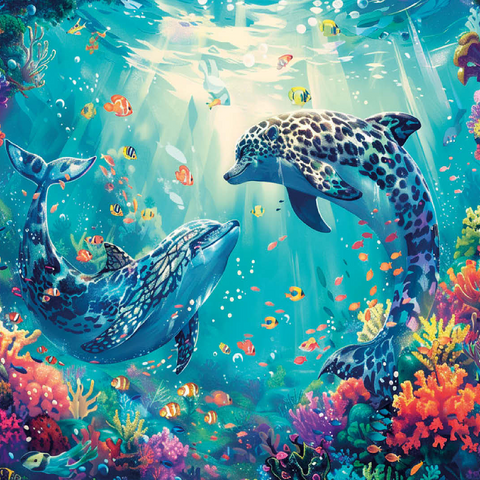 Leopard dolphins on the coral reef - fantasy animals in the underwater world 100 Jigsaw Puzzle 3D Modell