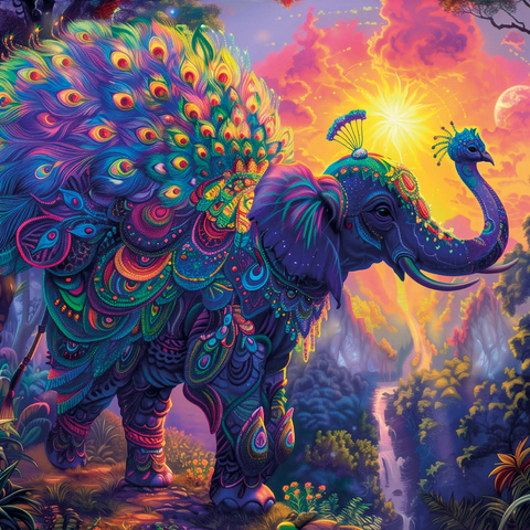 The elephantine peacock - fantasy animal in a colorful jungle 1000 Jigsaw Puzzle 3D Modell